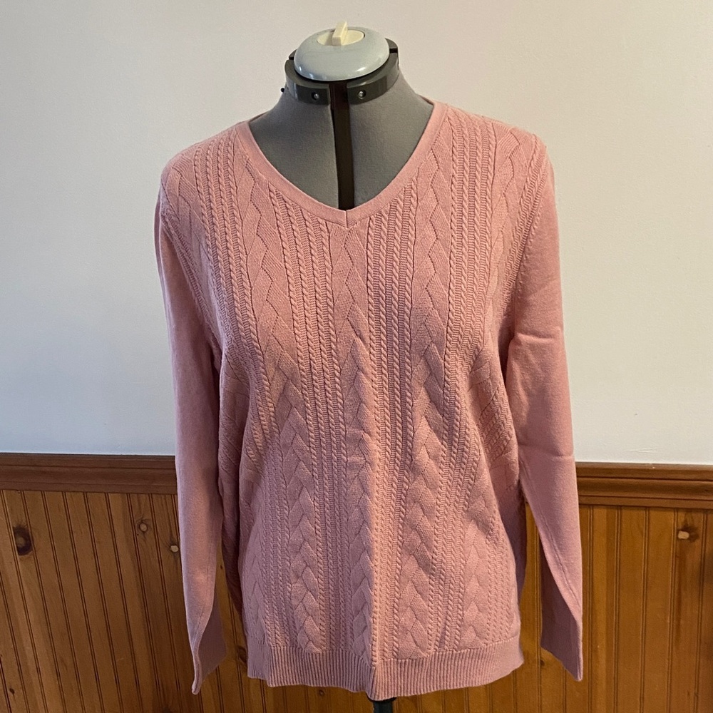 Talbots Soft Pink V-Neck Cable Sweater LIKE NEW Size XL